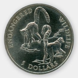 Кошачий лемур 5 долларов 1992 Острова Кука (сост. UNC)