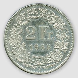 2 франка 1988 Швейцария (сост. Very Fine)