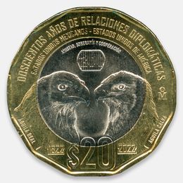 200 лет дипломатическим отношениям между Мексикой и США 20 песо 2022 Мексика (UNC)