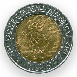 500 лет открытию Америки 500 лир 1992 Сан-Марино (сост. XFine - about UNC)