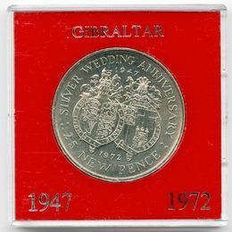 25 лет свадьбе Королевы Елизаветы II и Принца Филиппа 25 новых пенсов 1972 Гибралтар (сост. UNC)