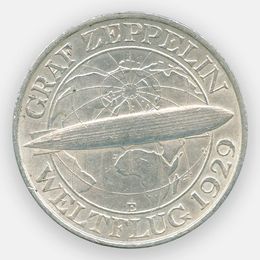 Полёт дирижабля Граф Цеппелин 3 рейхсмарки 1930 Германия (Серебро 0,500 15,00 гр) (сост. Very Fine)