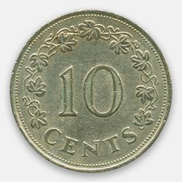 10 центов 1972-1981 Мальта (сост. Very Fine)