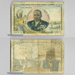 Банкнота 100 франков 1957 Камерун утеря угла сост. Very Fine