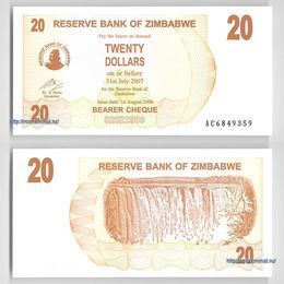 Банкнота 20 долларов 2007 Зимбабве сост. UNC