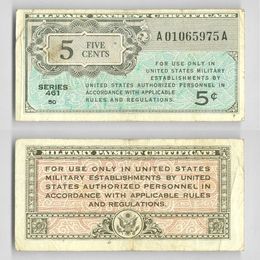 Банкнота 5 центов 1946 военный сертификат США сост. Fine