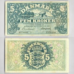 Банкнота 5 крон 1943 Дания сост. Very Fine
