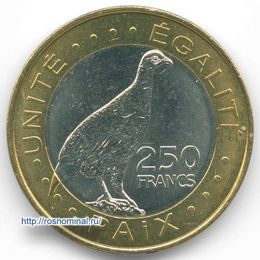 Птица Турачи 250 франков 2012 Джибути